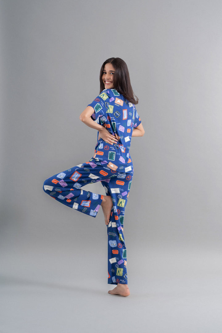 Hawai Button Down Printed Half Sleeve Pajama Set for women.