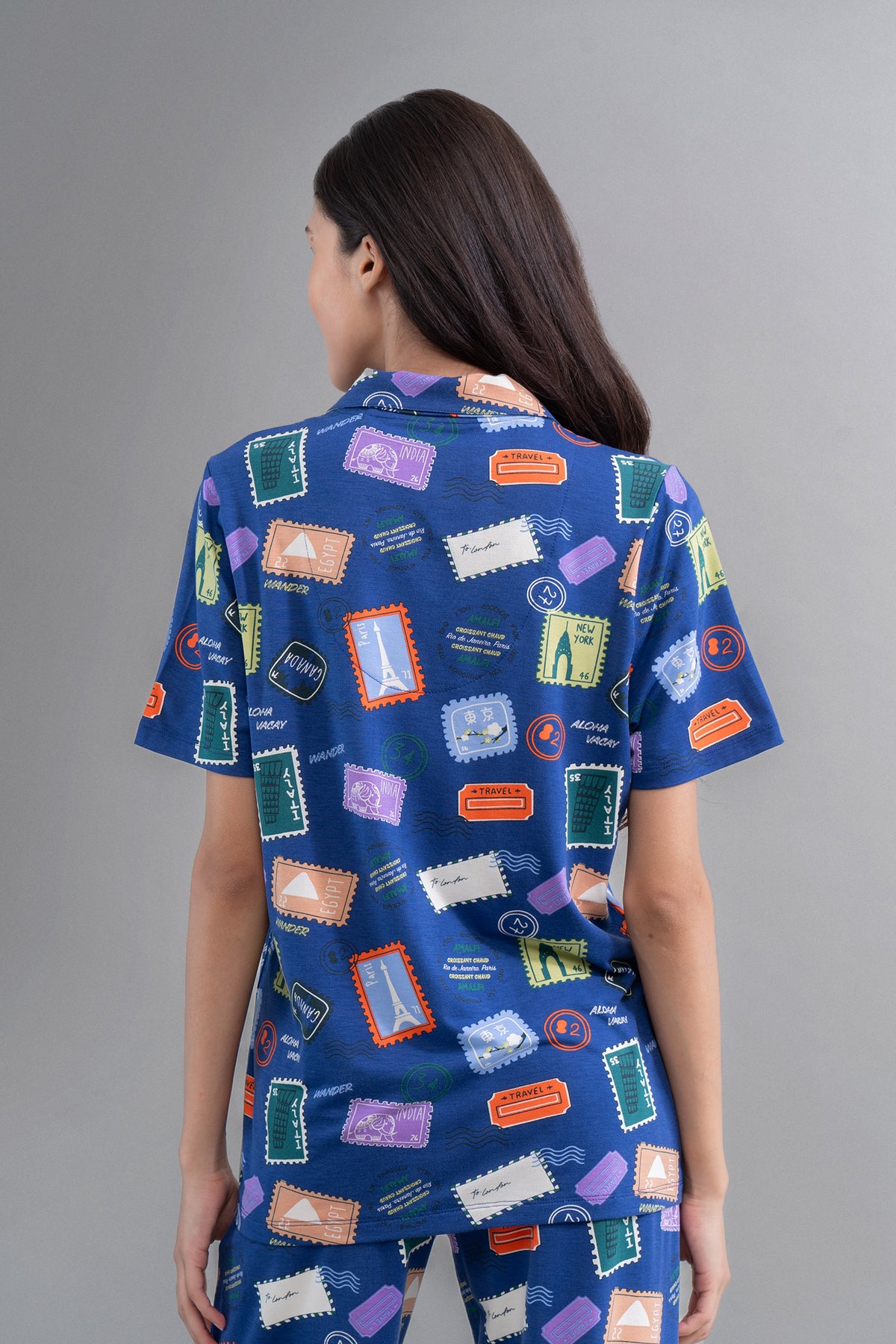 Wanderlust blue modal half sleeve shirt with travel-themed prints.