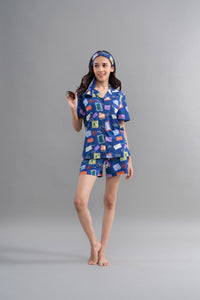 Wanderlust Blue Modal Button Down Shorts Set on model