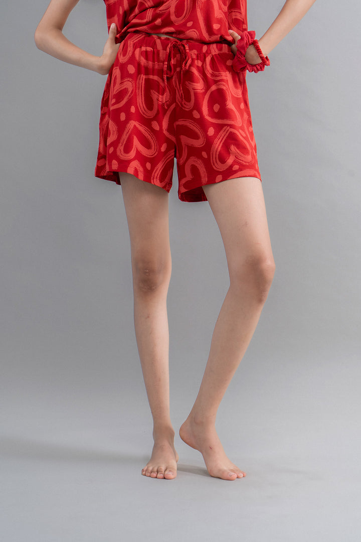 Lovestruck Hearts Red Shorts with playful heart pattern for casual wear.