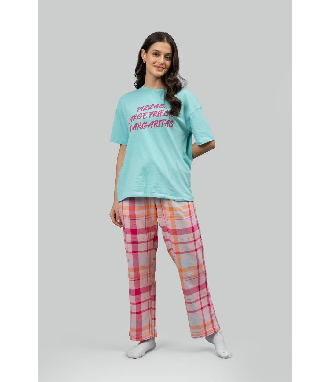Pink Plaid Party Pajama Set With Foodie Tee