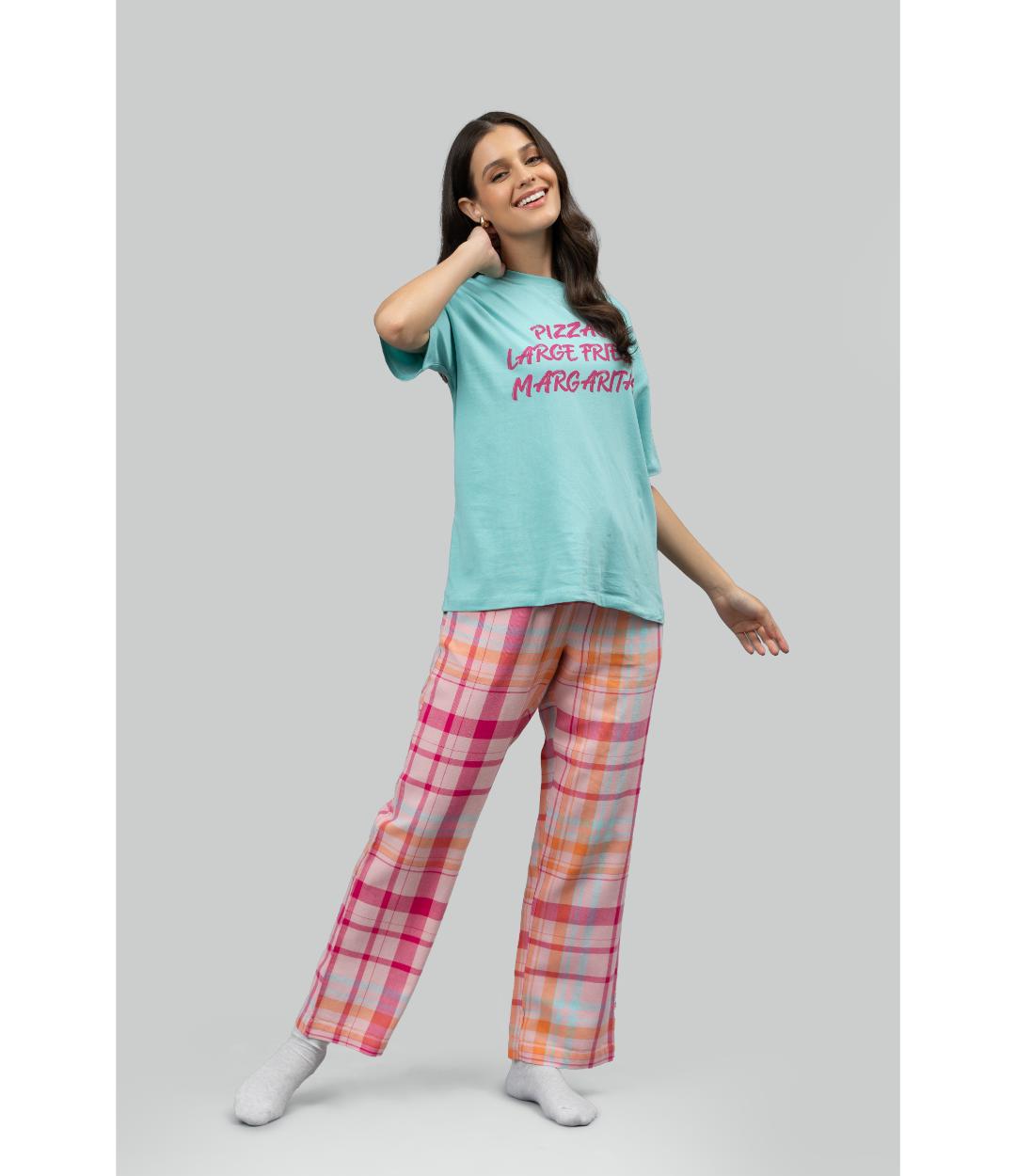 Pink Plaid Party Pajama Set With Foodie Tee
