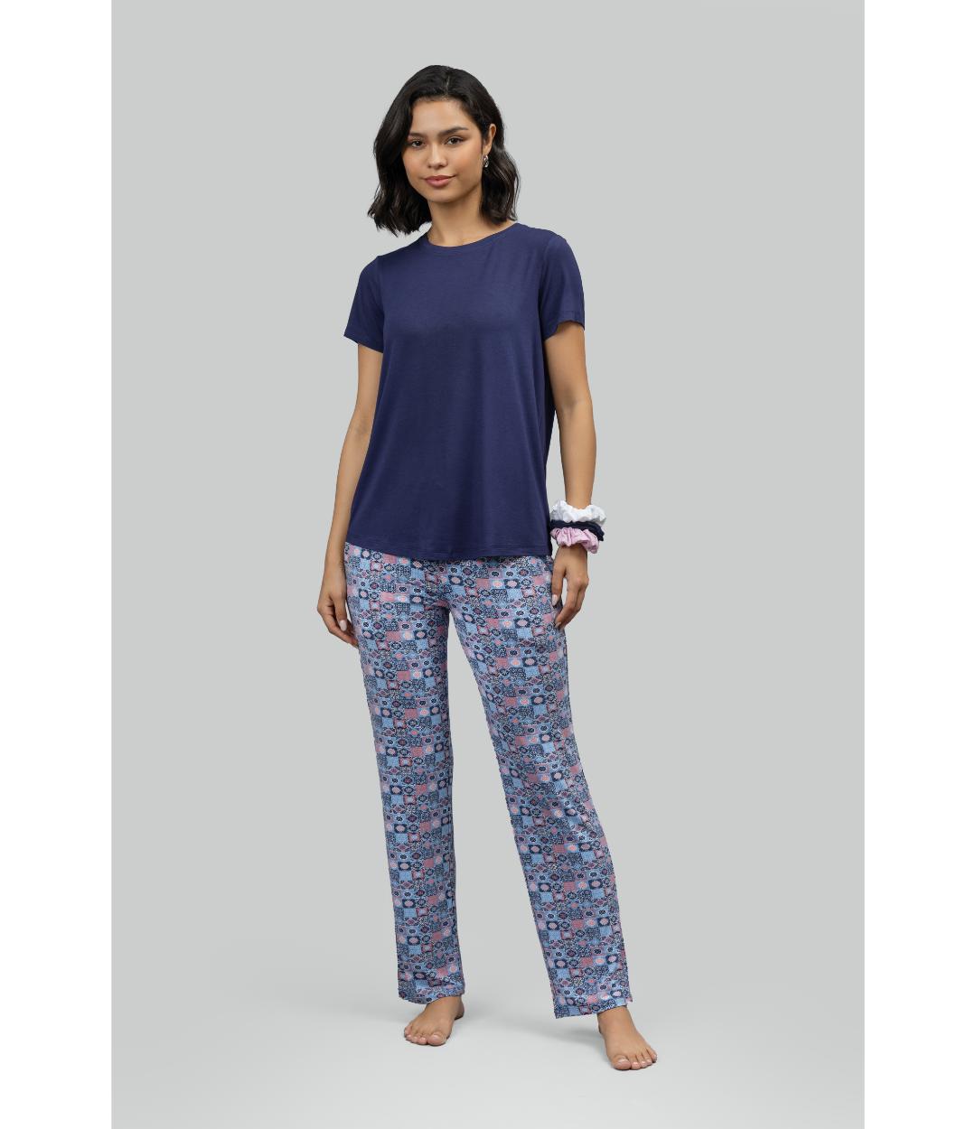 Classic Mosaic Pajama Set With Blue Top