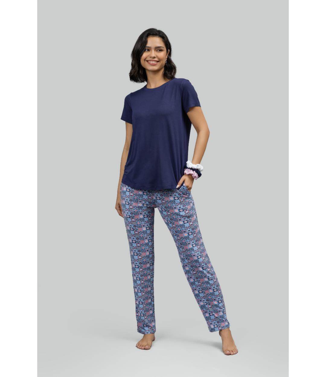 Classic Mosaic Pajama Set With Blue Top