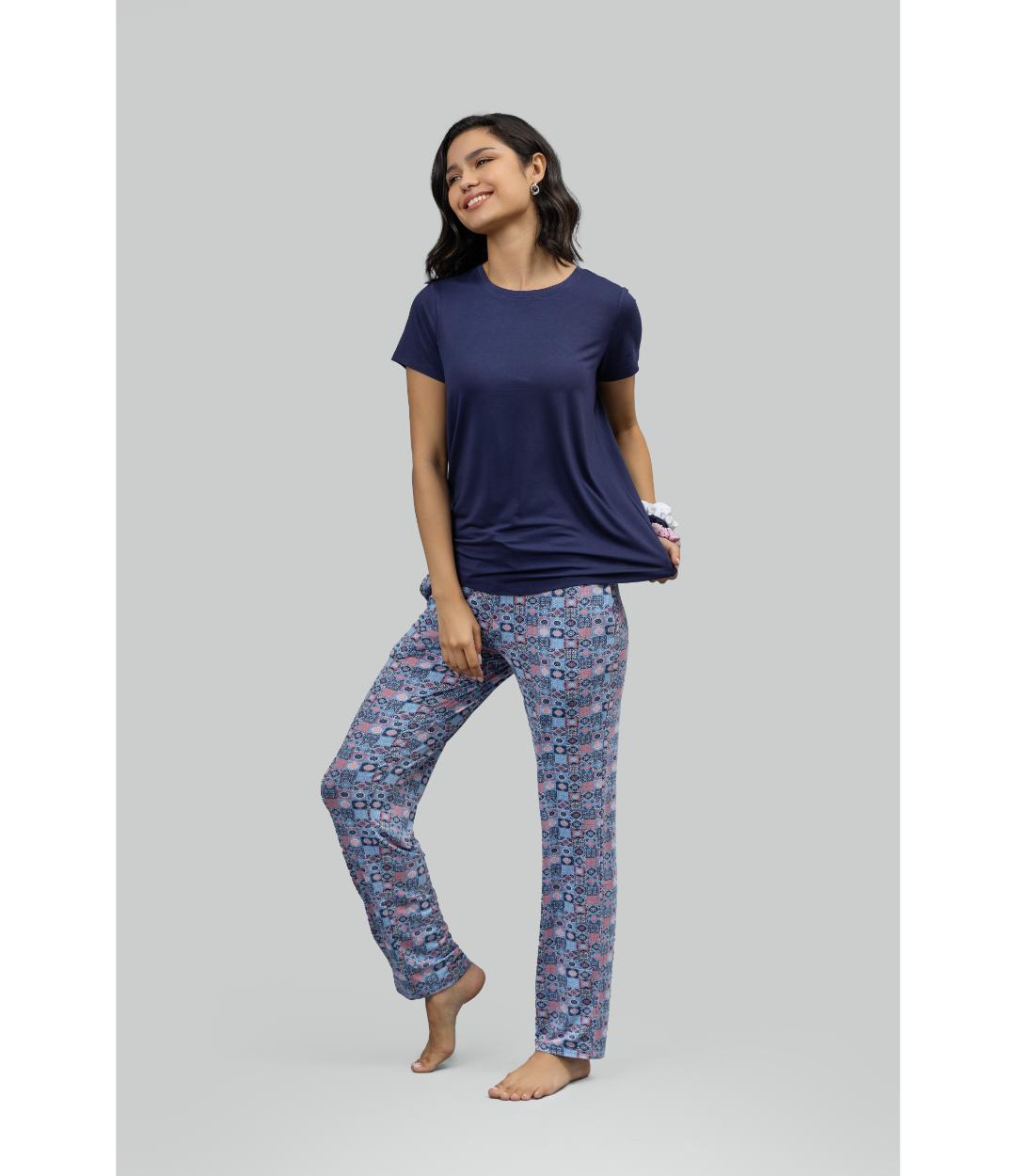 Classic Mosaic Pajama Set With Blue Top