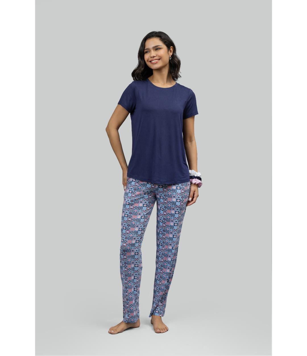 Classic Mosaic Pajama Set With Blue Top