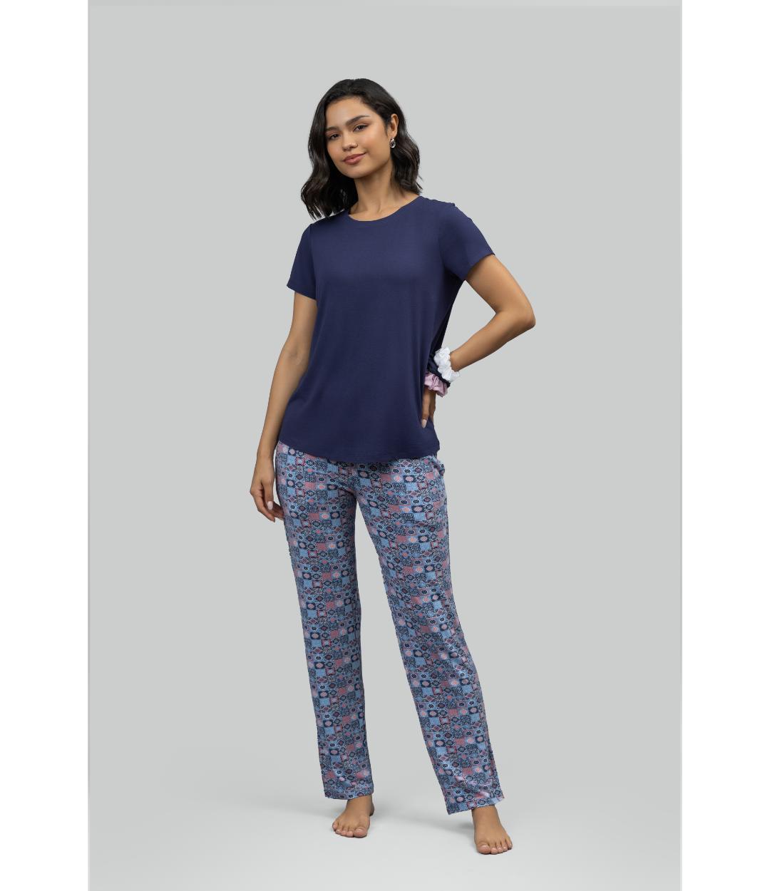 Classic Mosaic Pajama Set With Blue Top