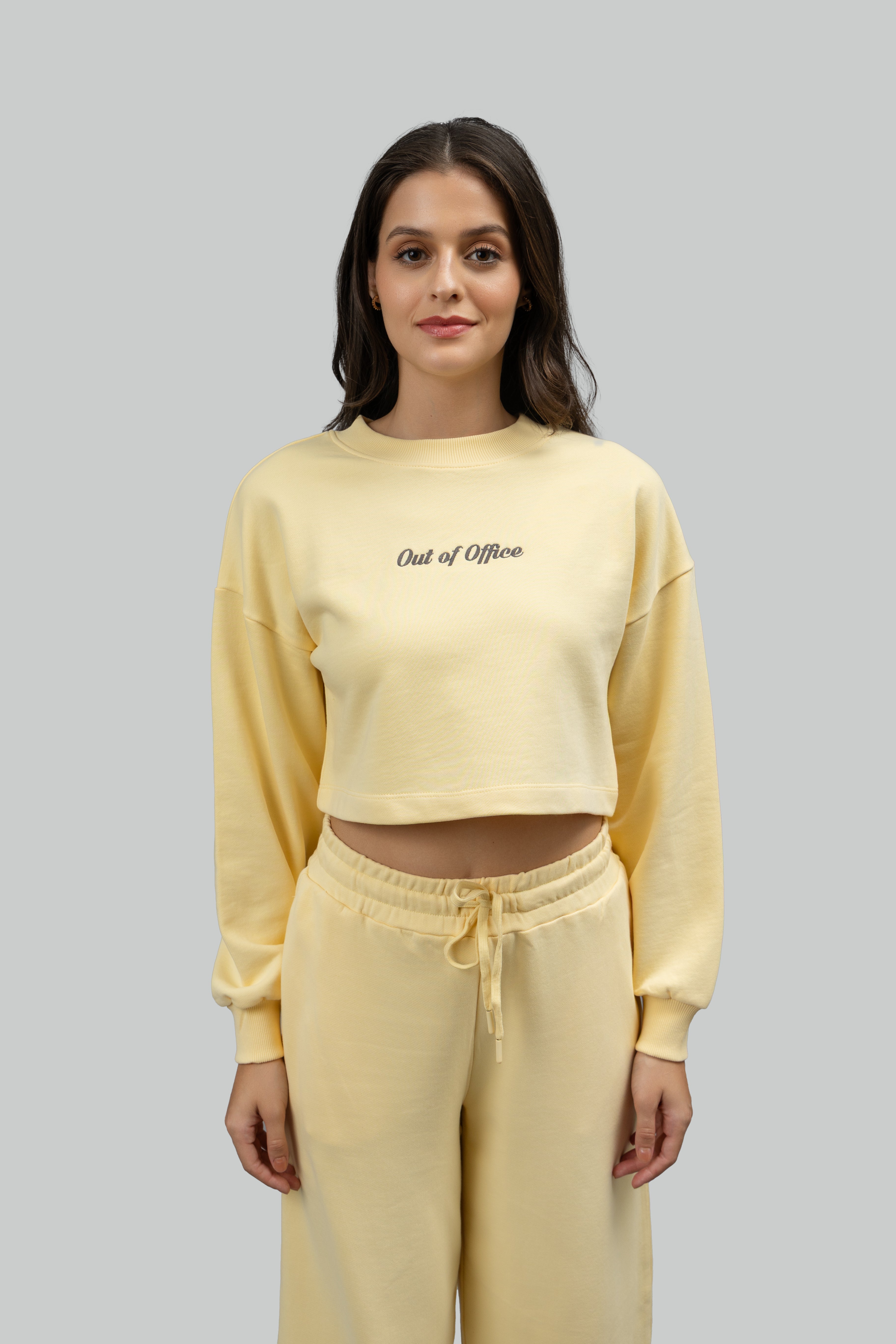 Out Of Office' Yellow Terry Cropped Sweatshirt | Yellow Cropped