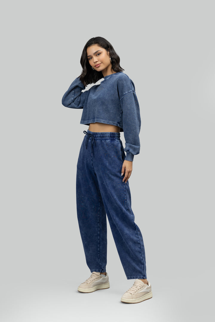 'Just Text Me' Navy Denim Wash Terry Barrel Co-ord Set
