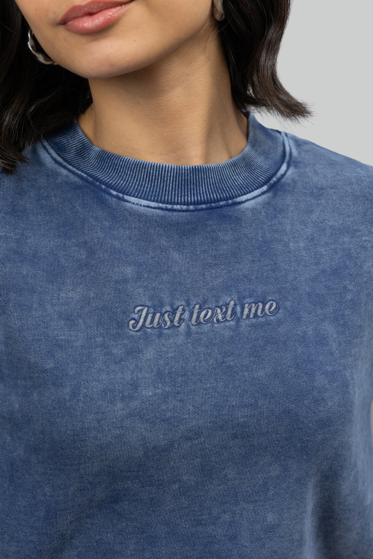 Just Text Me' Denim Wash Cropped Sweatshirt