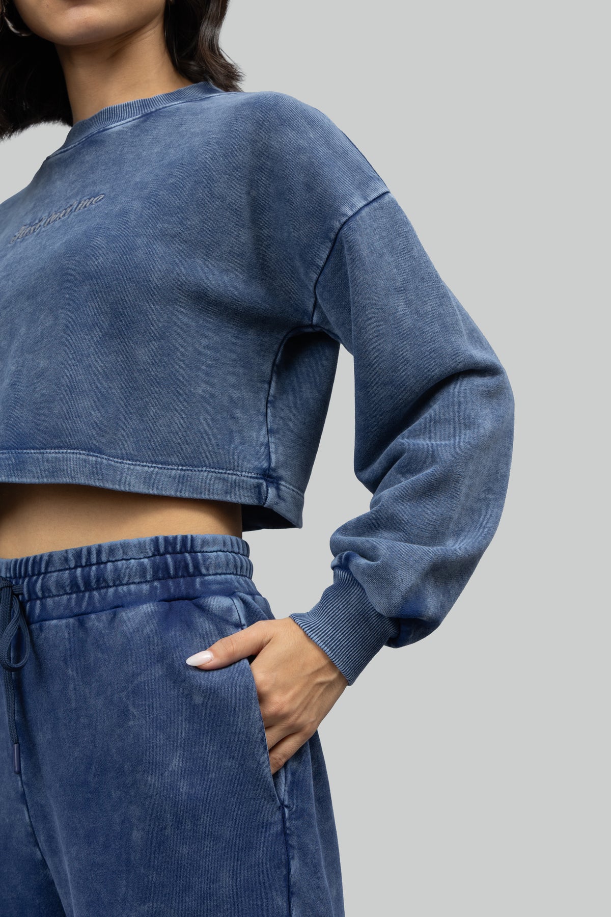 Just Text Me' Denim Wash Cropped Sweatshirt