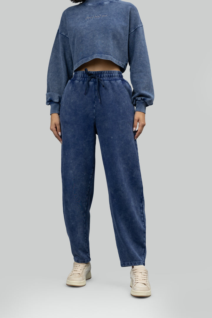 'Just Text Me' Navy Denim Wash Terry Barrel Co-ord Set