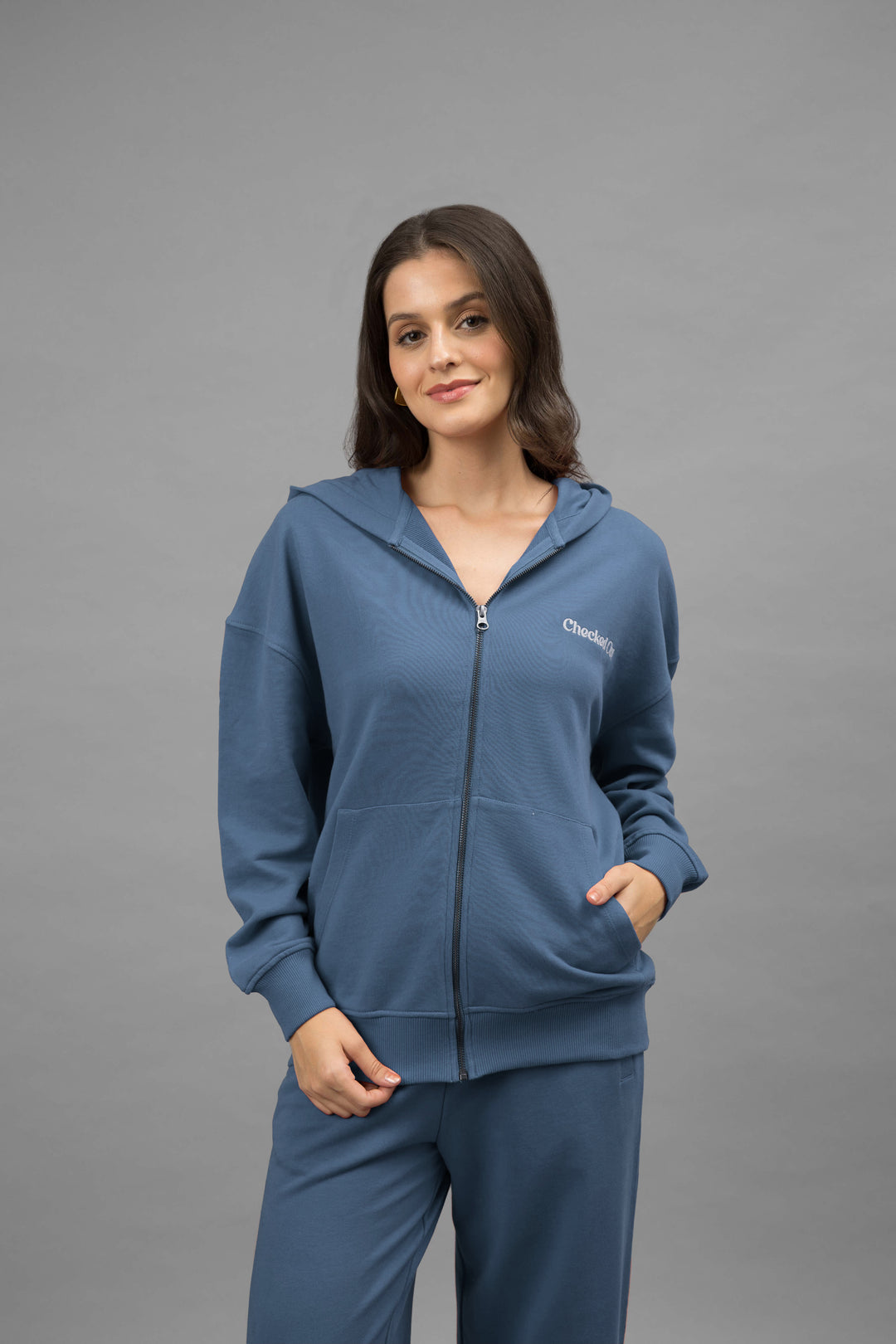 'Checked Out' Blue Cotton Terry Zip-up Hoodie