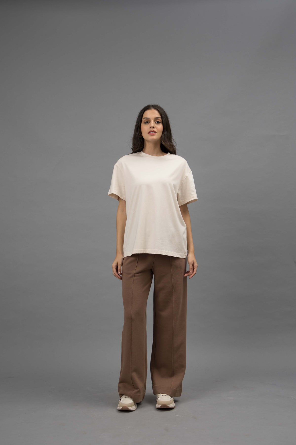 Brown Terry Travel Set With Ivory round neck top