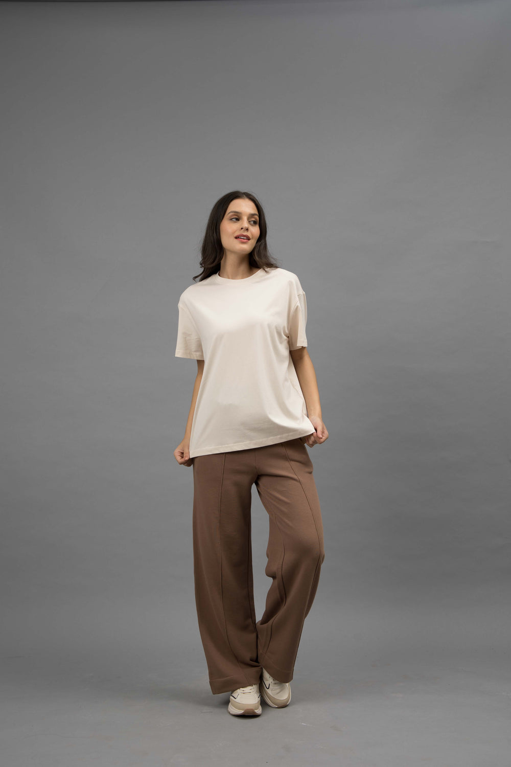 Brown Terry Travel Set With Ivory round neck top