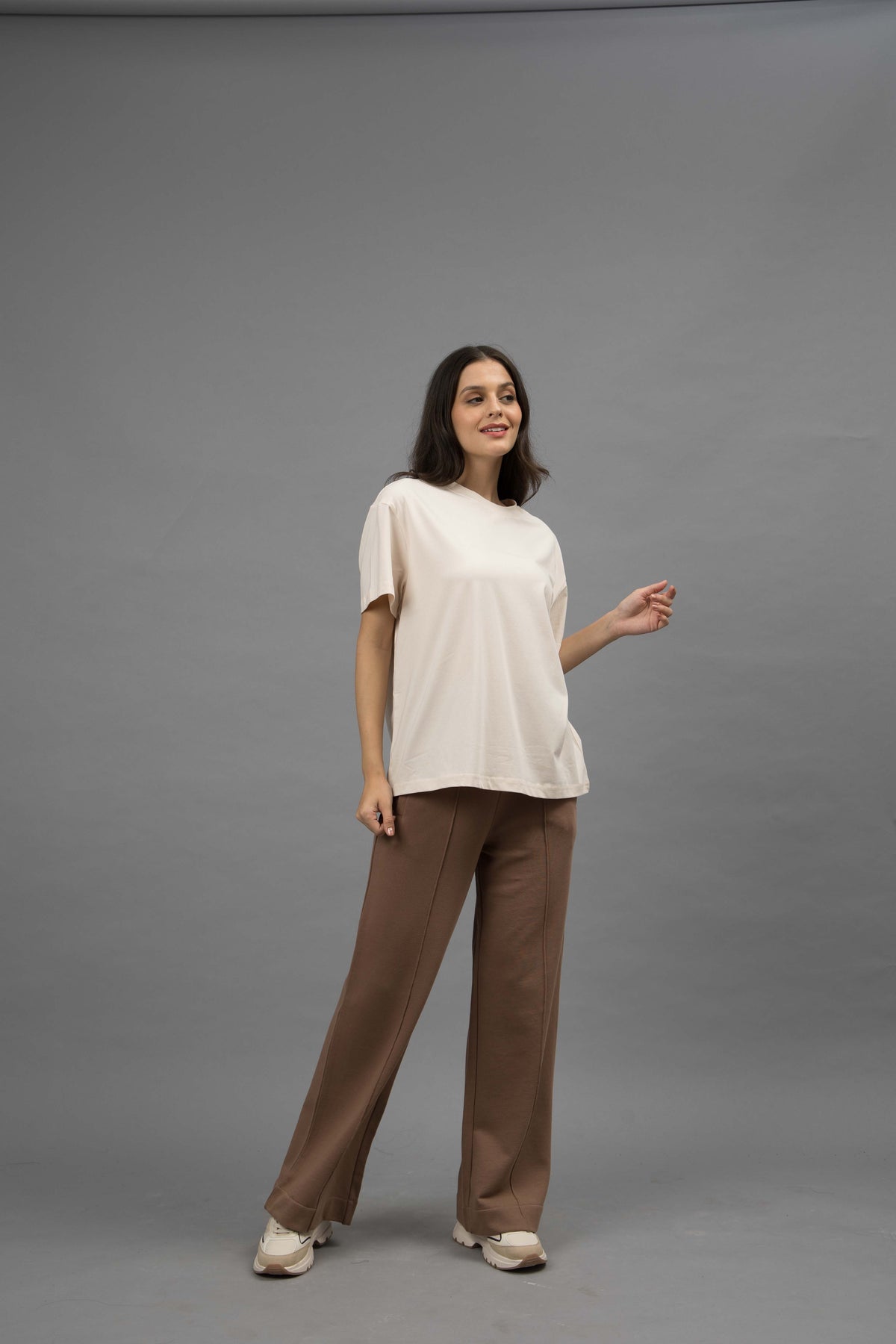Brown Terry Travel Set With Ivory round neck top