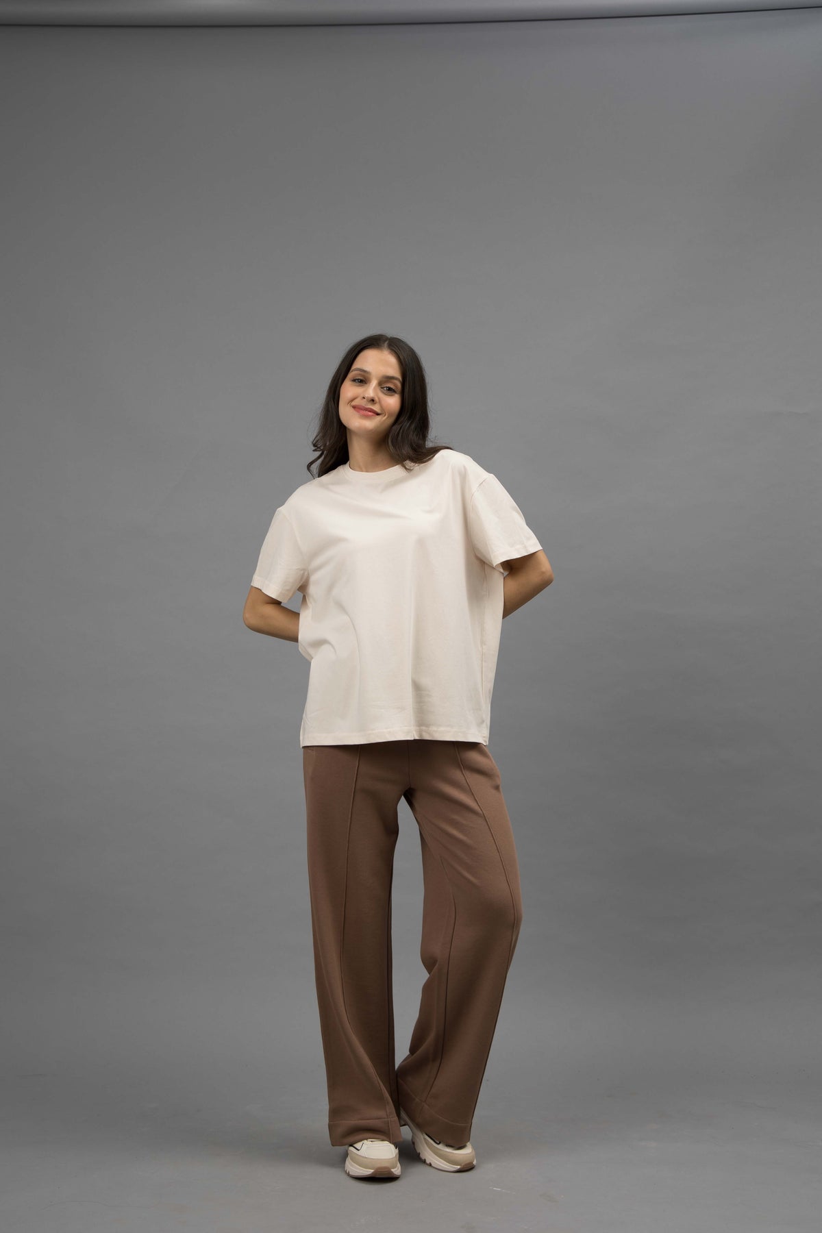 Brown Terry Travel Set With Ivory round neck top