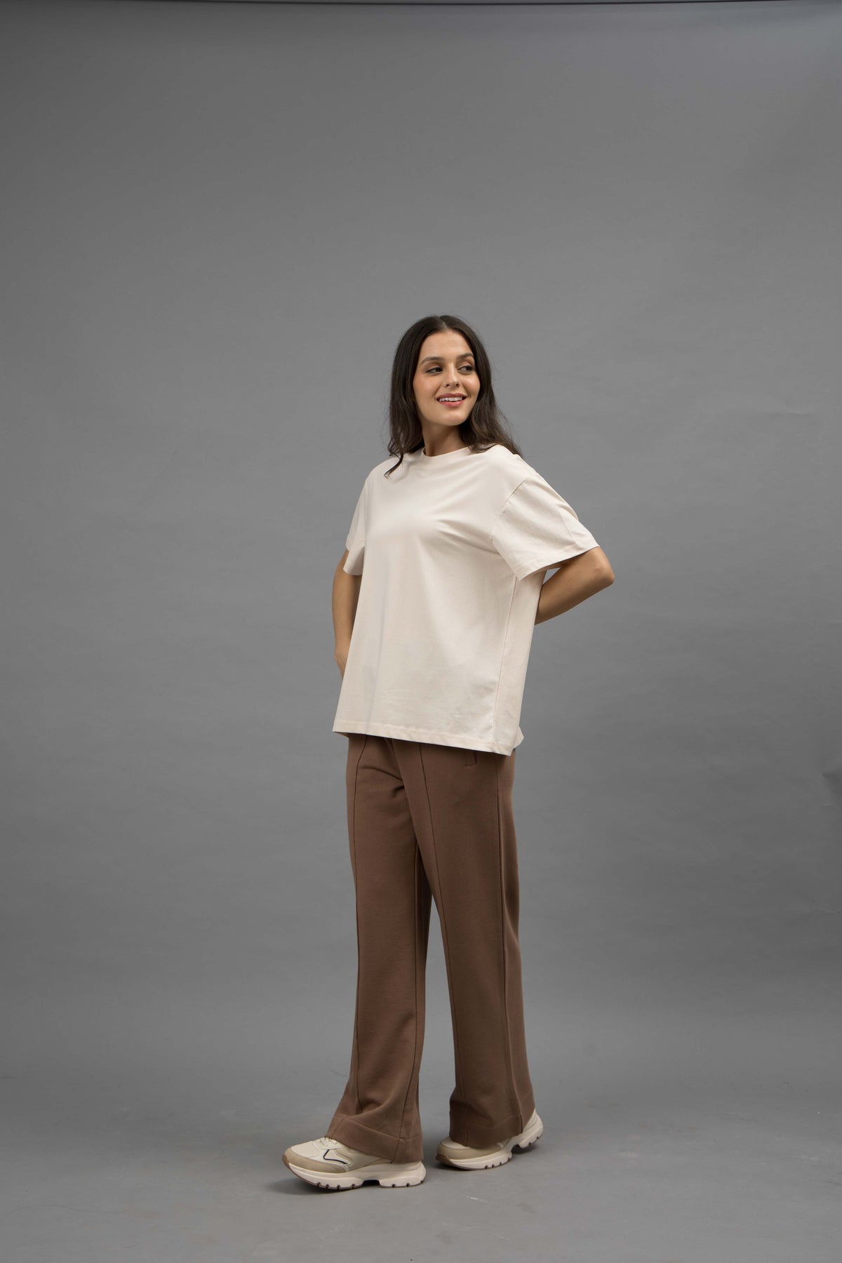 Brown Terry Travel Set With Ivory round neck top