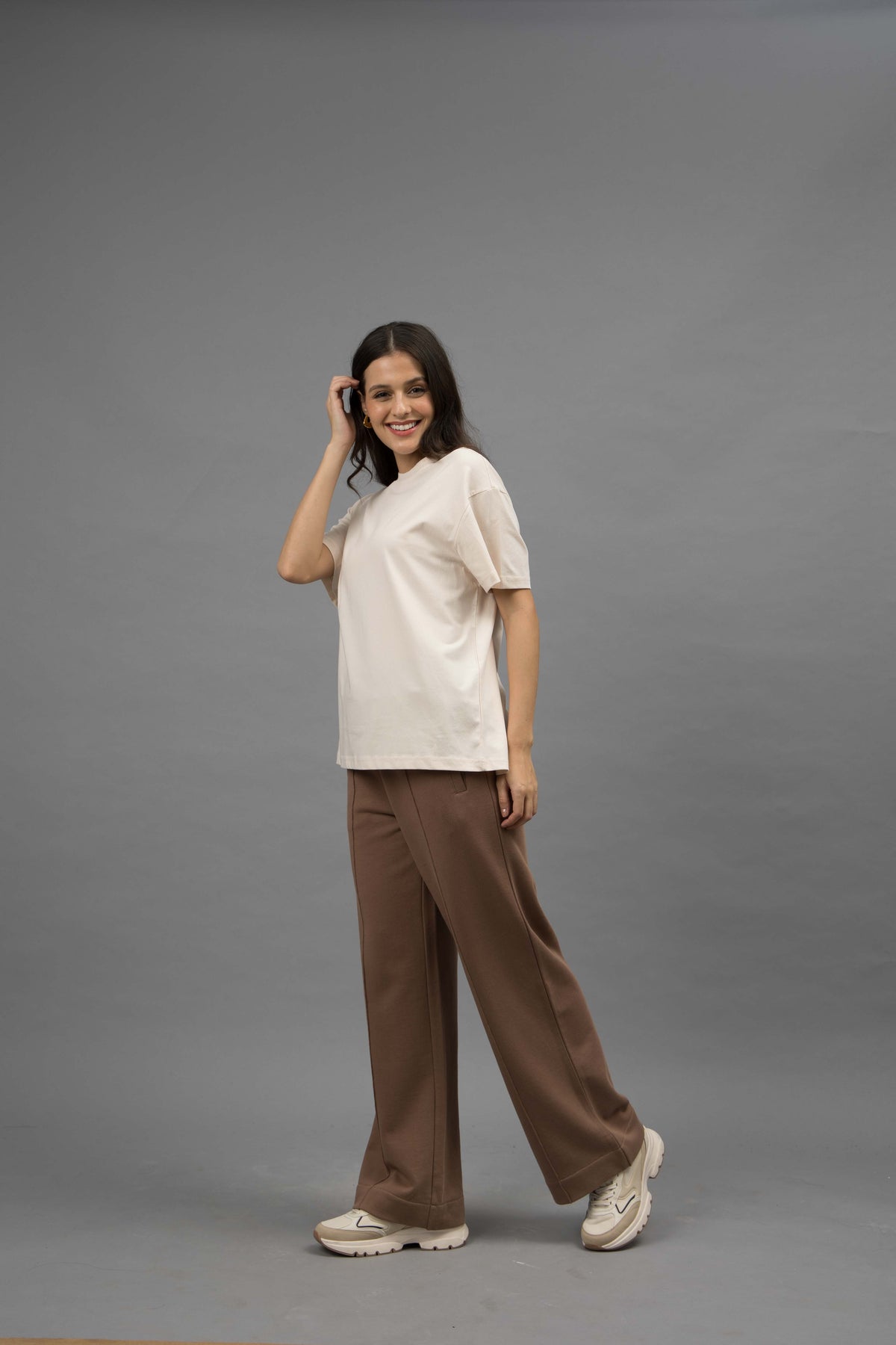 Brown Terry Travel Set With Ivory round neck top