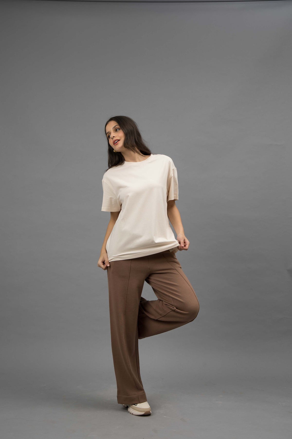Brown Terry Travel Set With Ivory round neck top