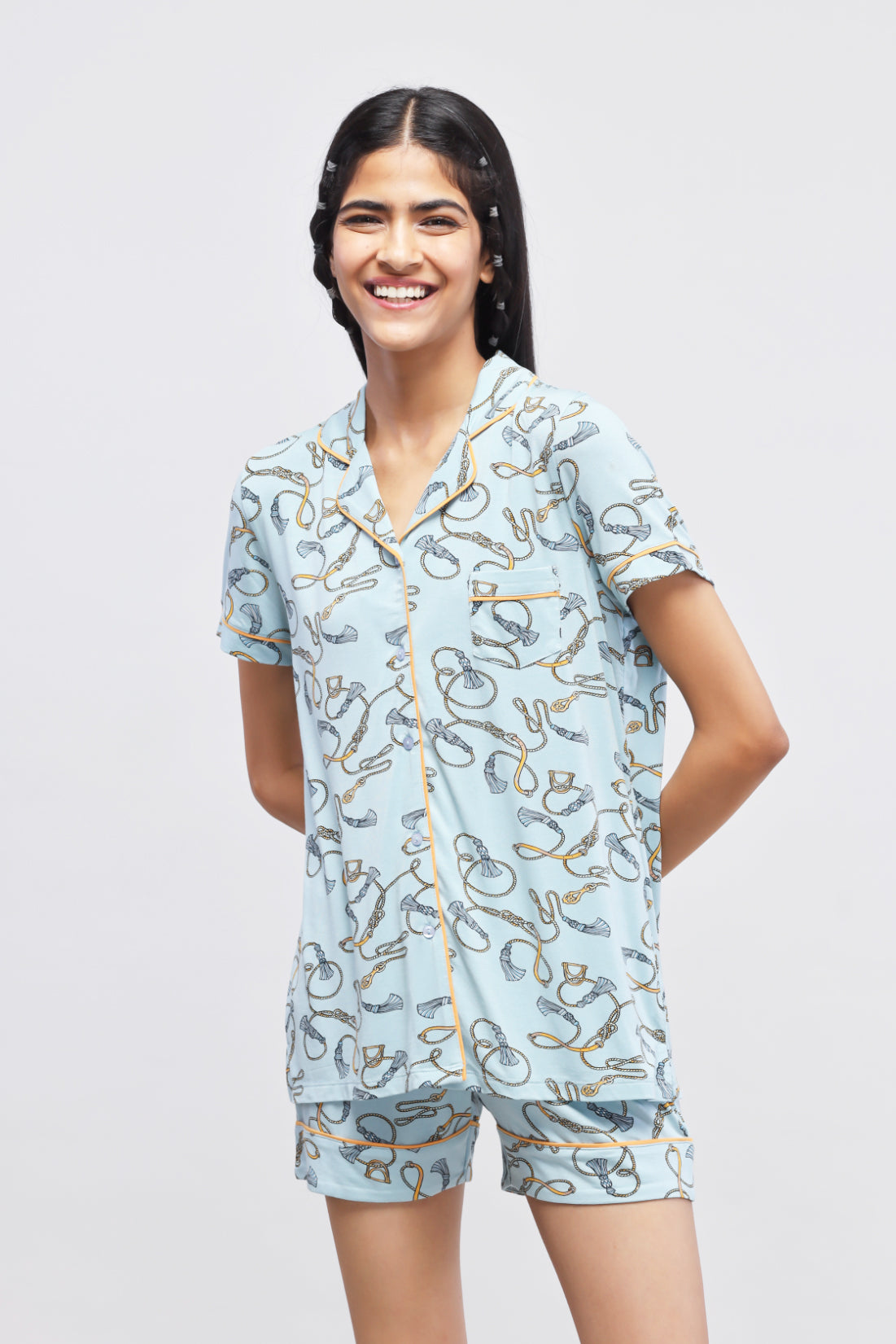 Rope Printed Half Sleeve Piping Top