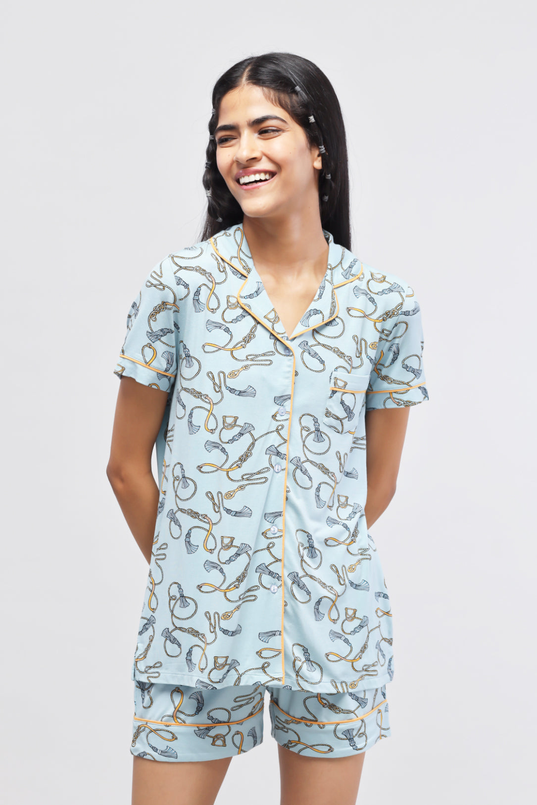 Rope Printed Half Sleeve Piping Top