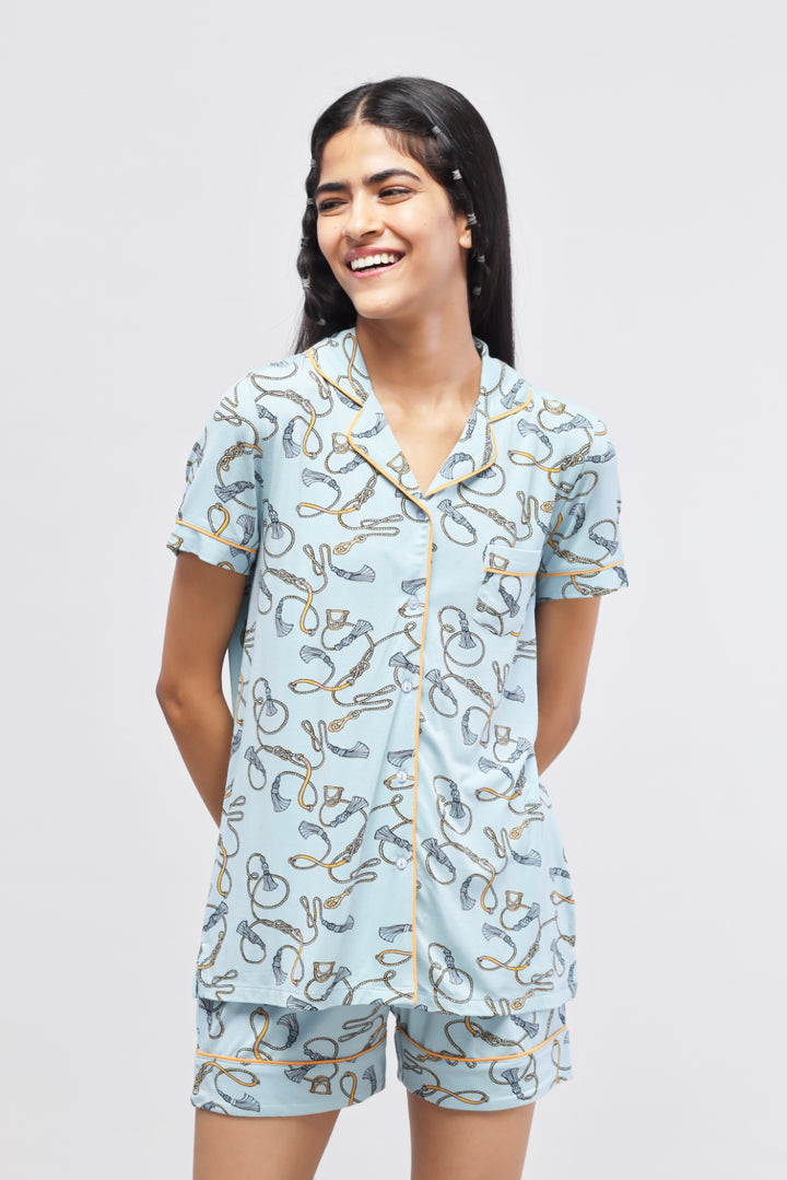 Rope Printed Half Sleeve Piping Top