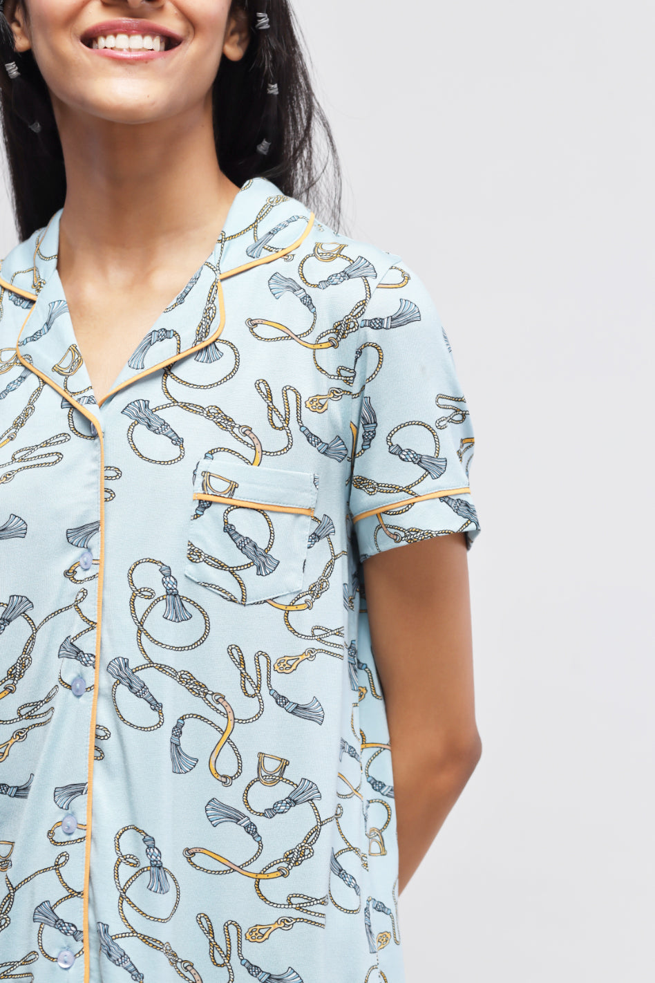 Rope Printed Half Sleeve Piping Top