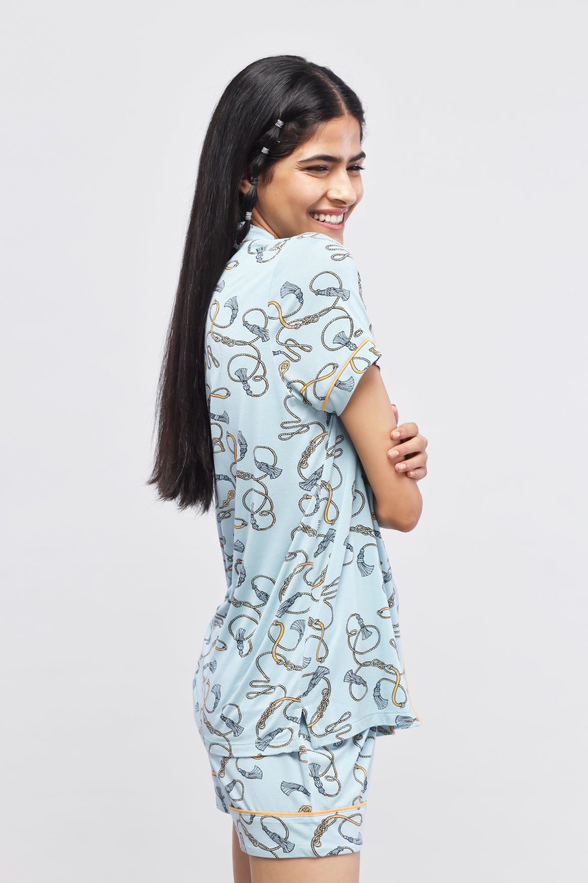 Rope Printed Half Sleeve Piping Top