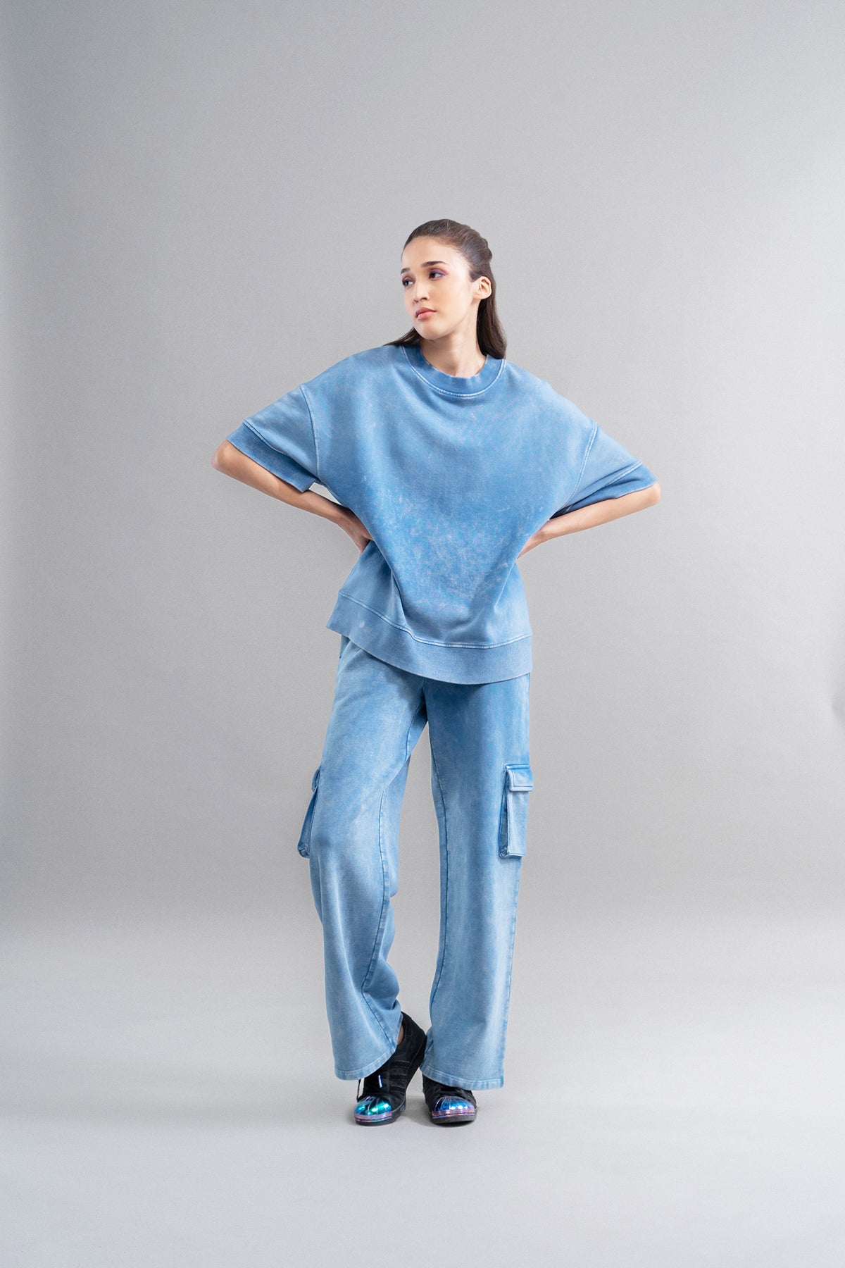 Denim Wash 100% Cotton Terry Cargo Pant