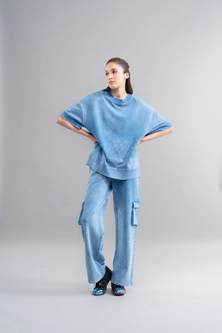Denim Wash 100% Cotton Terry Cargo Pant