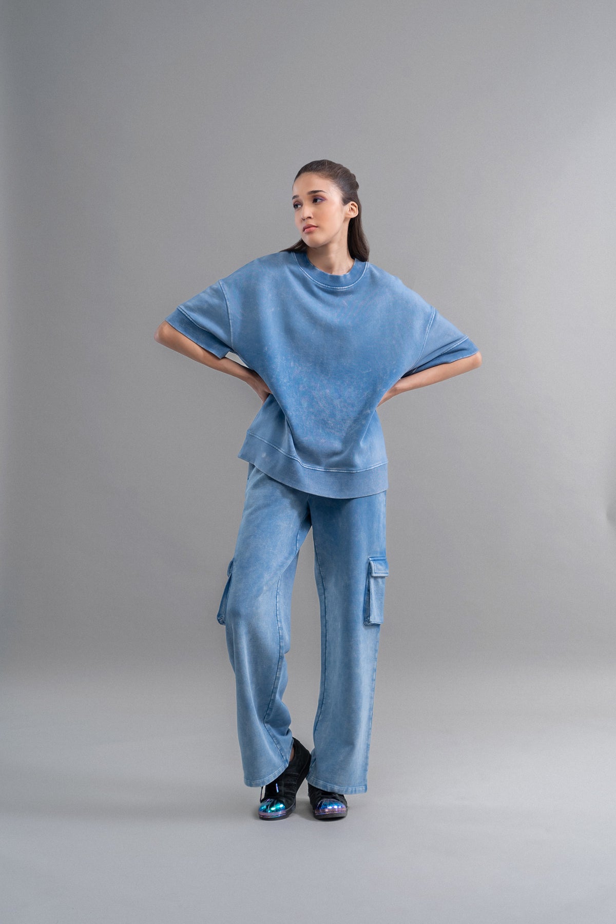 Denim wash 100% cotton terry co-ord set outfit on model.
