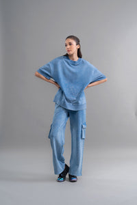 Denim wash 100% cotton terry co-ord set outfit on model.