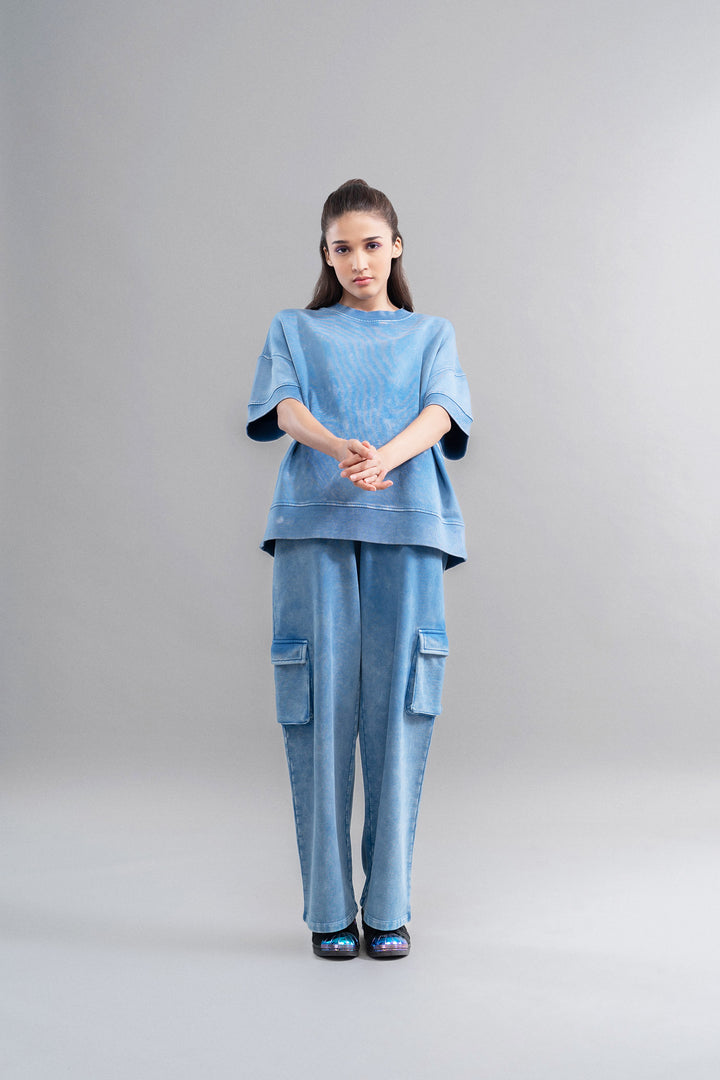 Denim Wash 100% Cotton Terry Cargo Pant