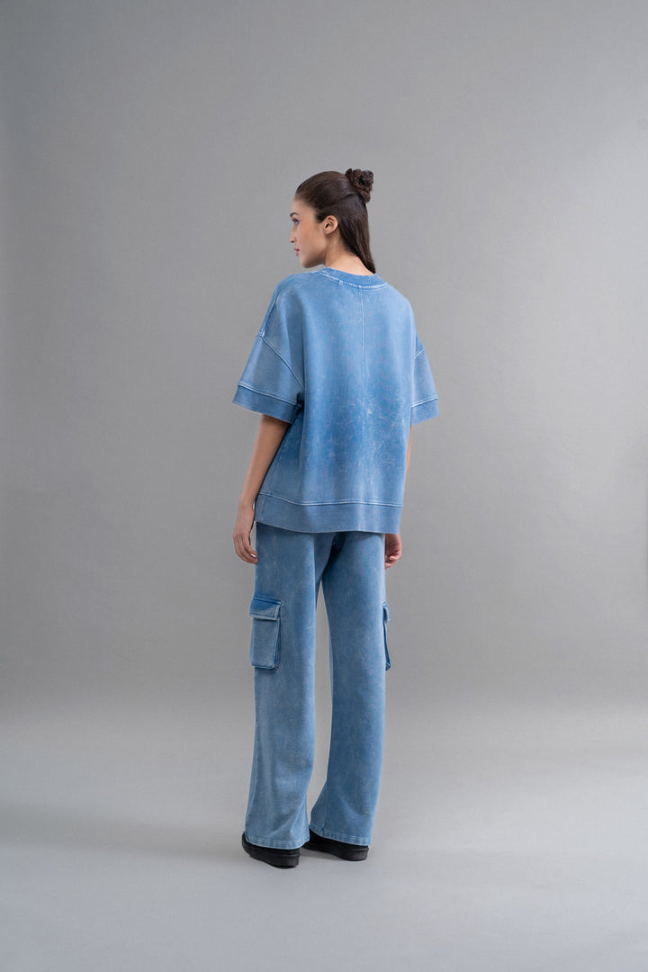 Denim wash 100% cotton terry co-ord set for stylish comfort.