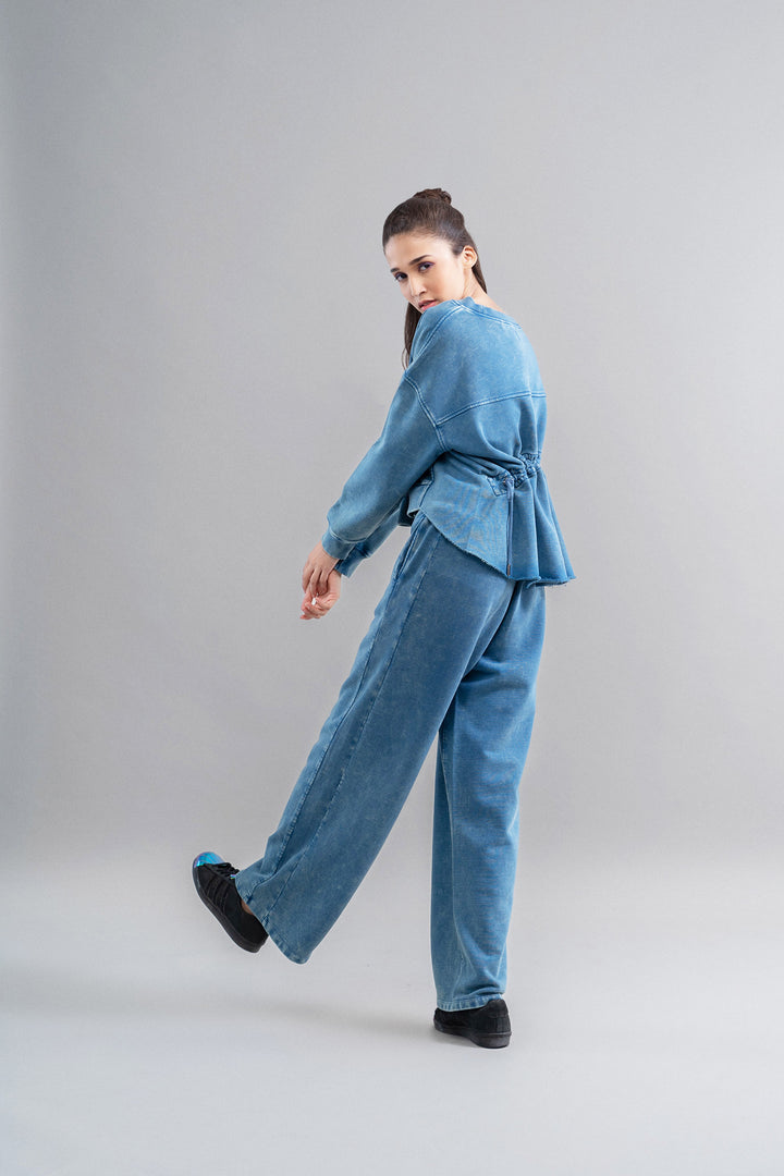 Denim Wash 100% Cotton Terry Ruched Sweatshirt
