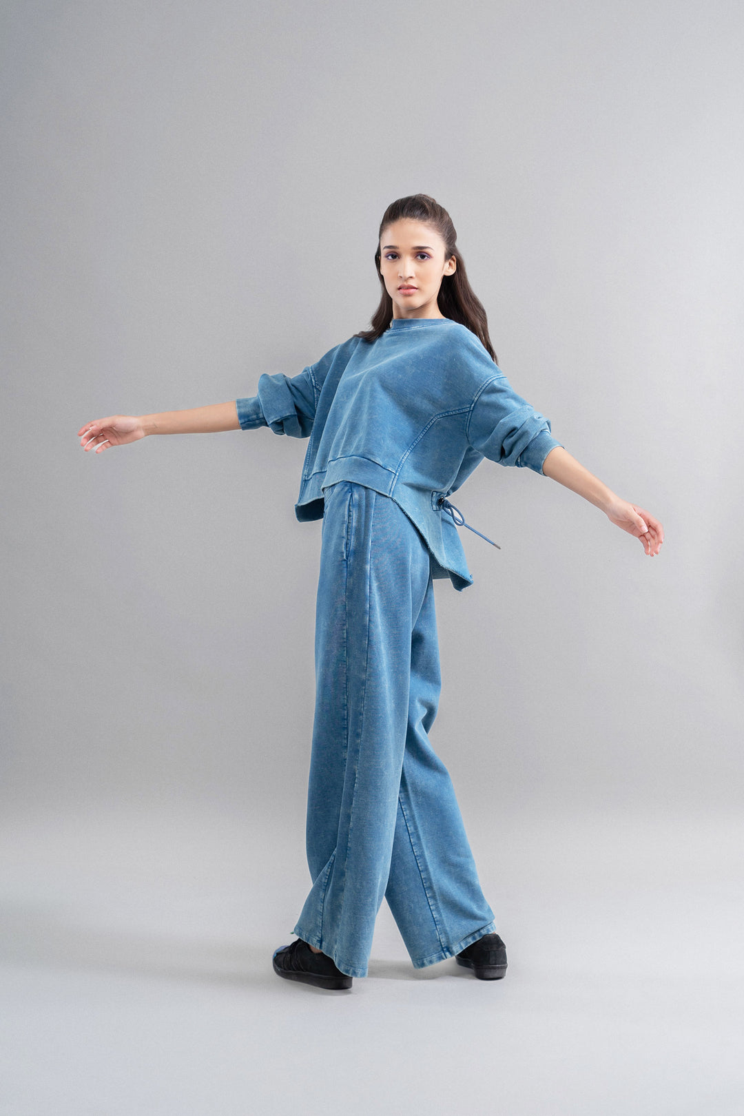 Denim Wash 100% Cotton Terry Ruched Sweatshirt