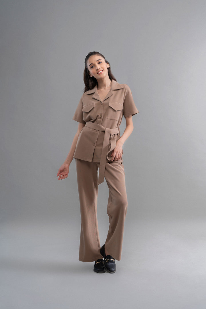 Lushknit® 2.0 earthy brown multitask pants styled for versatility and comfort.