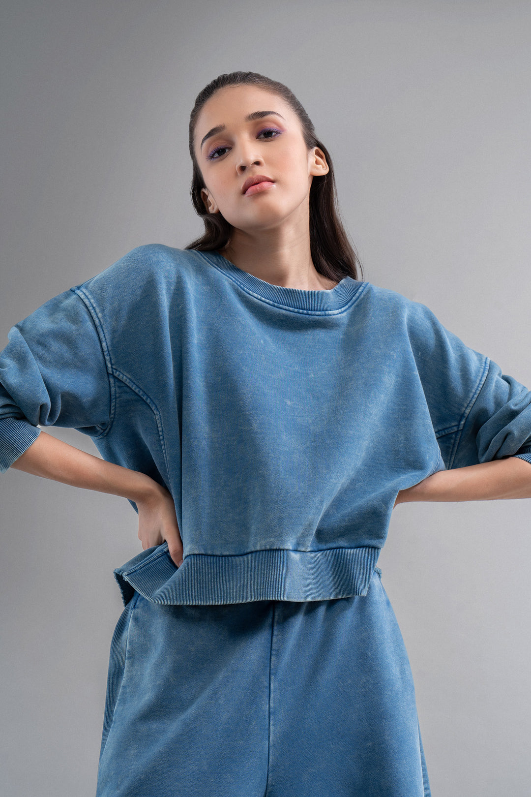 Denim Wash 100% Cotton Terry Ruched Sweatshirt