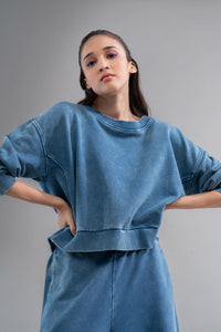 Denim Wash 100% Cotton Terry Ruched Sweatshirt in casual style.