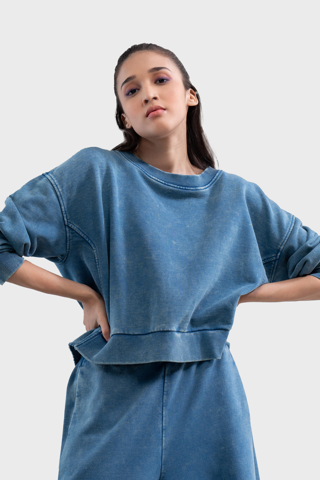Denim Wash 100% Cotton Terry Ruched Sweatshirt