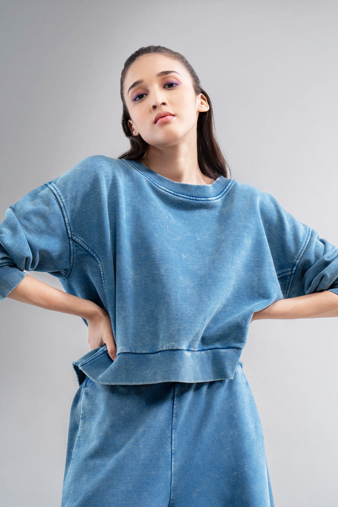 Denim Wash 100% Cotton Terry Ruched Sweatshirt