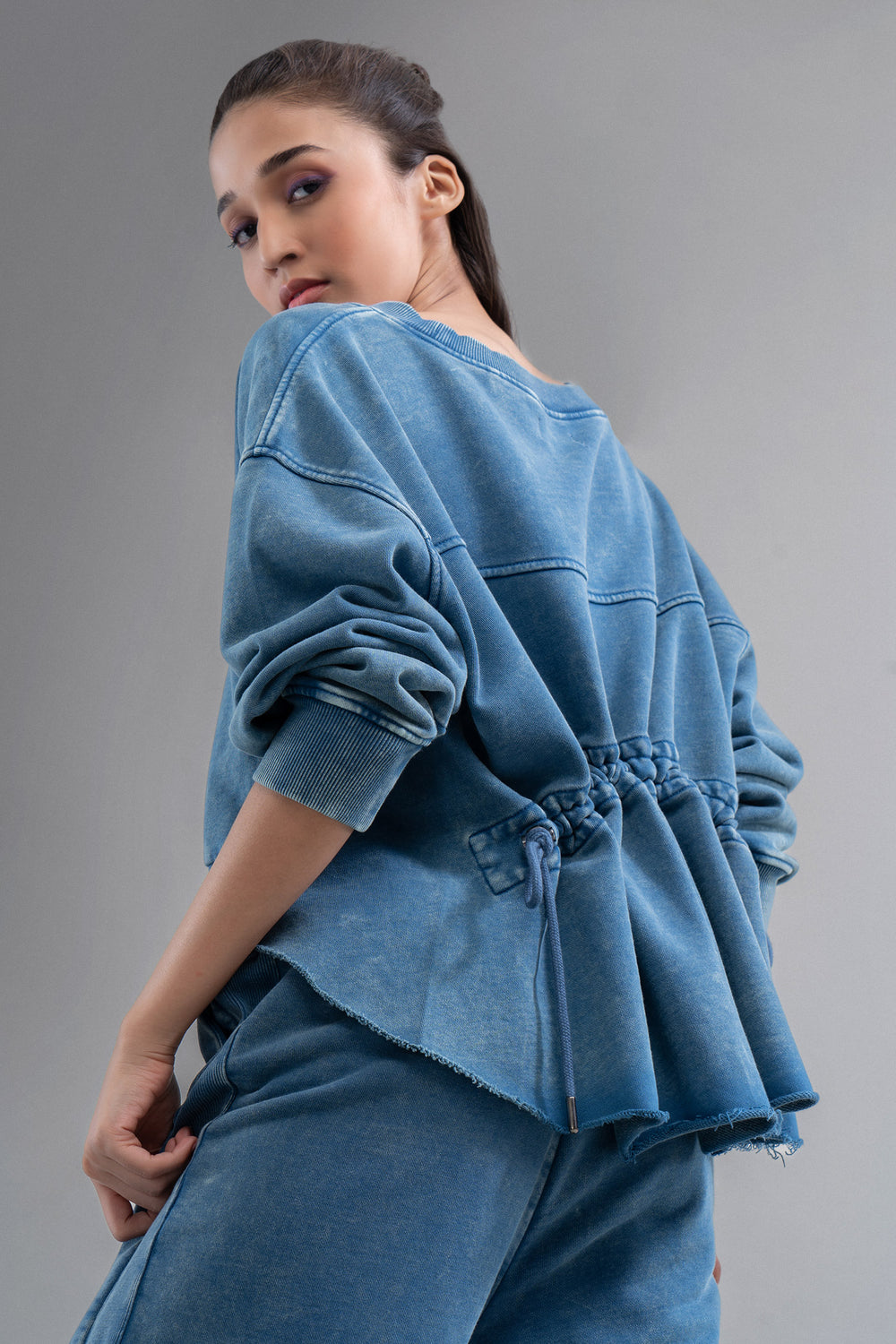 Denim Wash 100% Cotton Terry Ruched Sweatshirt