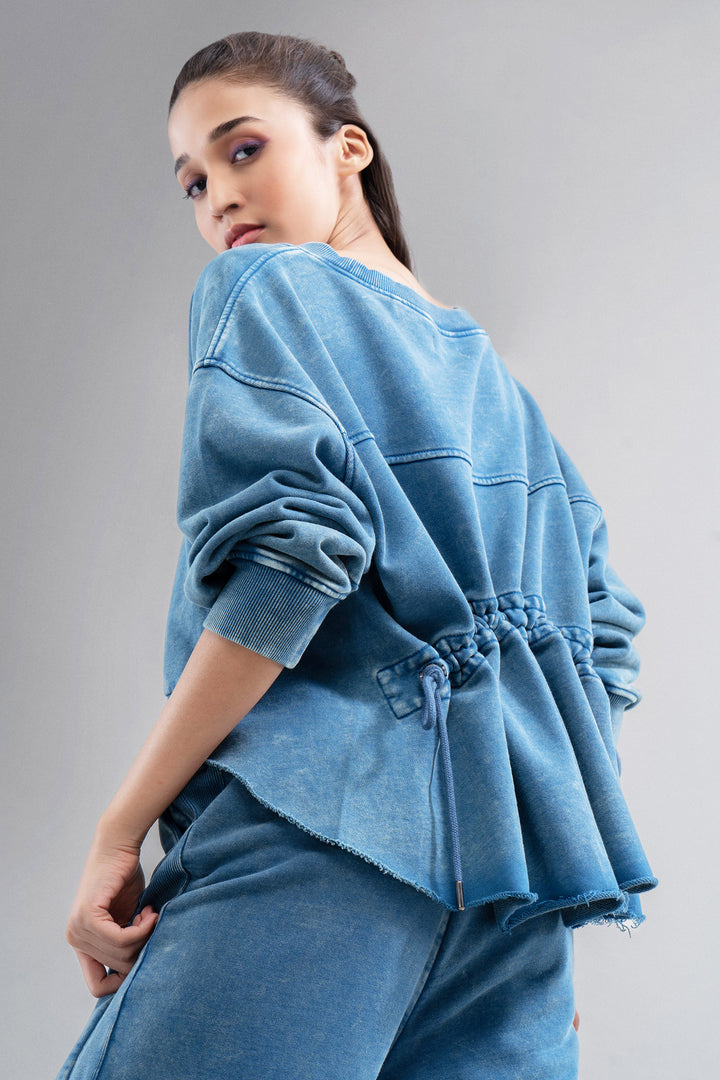 Denim Wash 100% Cotton Terry Ruched Sweatshirt