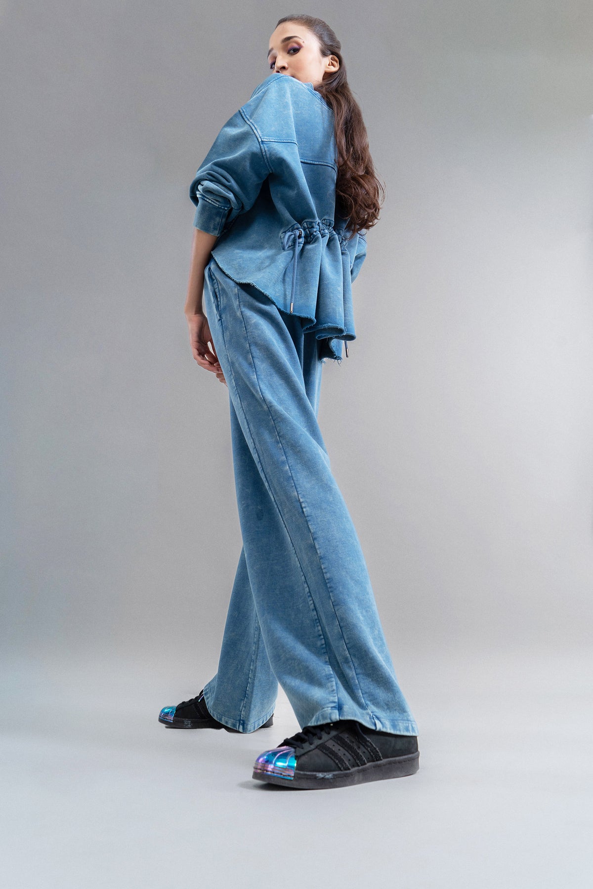 Denim Wash 100% Cotton Terry Ruched Sweatshirt