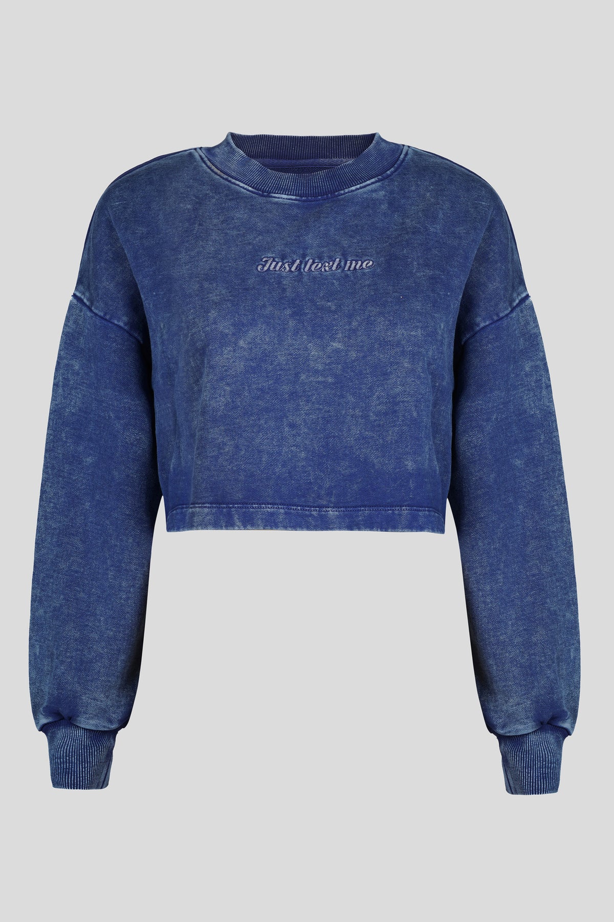 Just Text Me' Denim Wash Cropped Sweatshirt