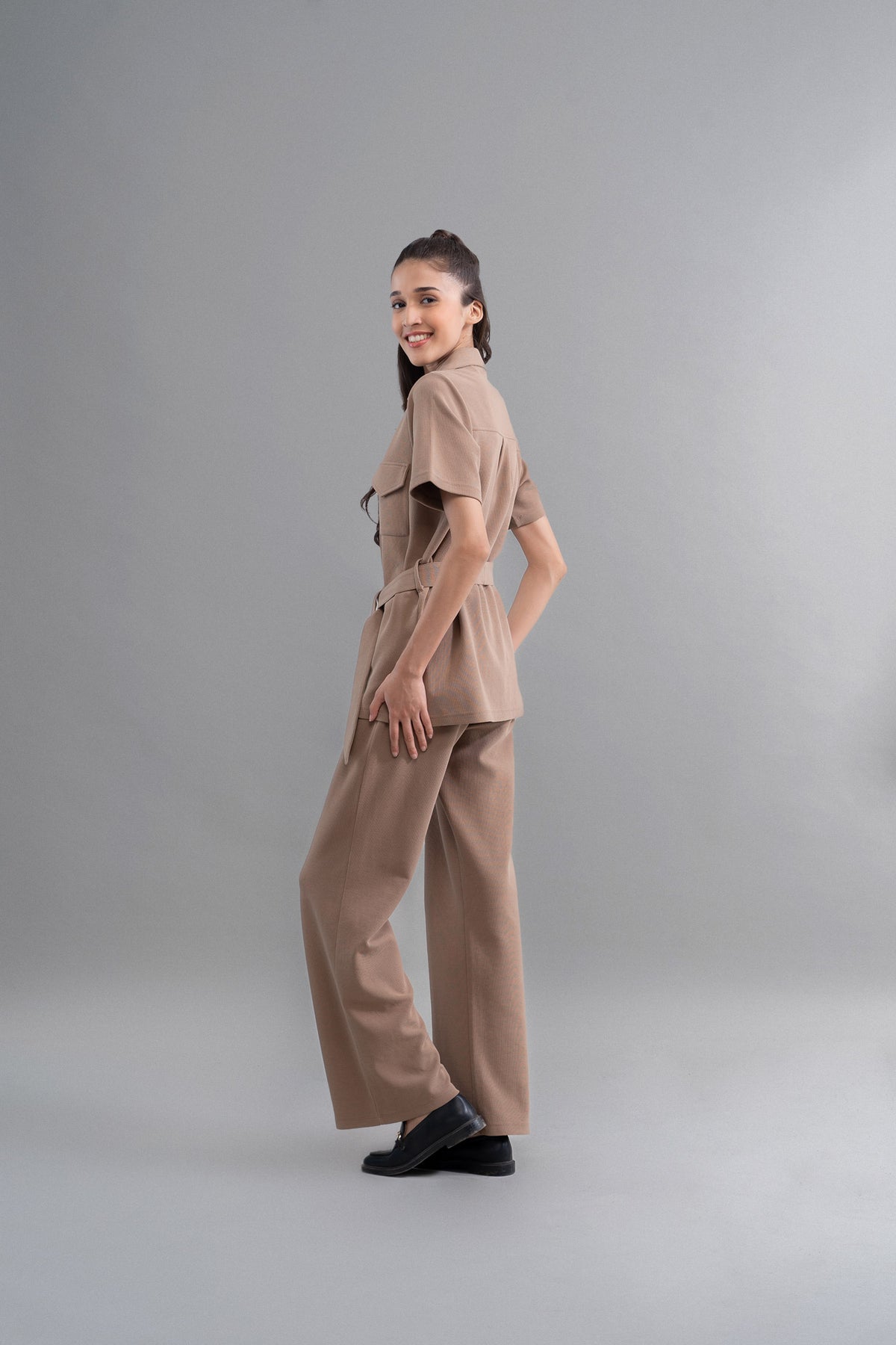Earthy brown Safari Lushknit® 2.0 shirt worn by a model.