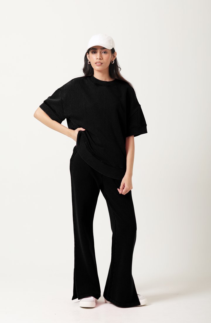 Black Cotton Terry Short Sleeve Sweatshirt