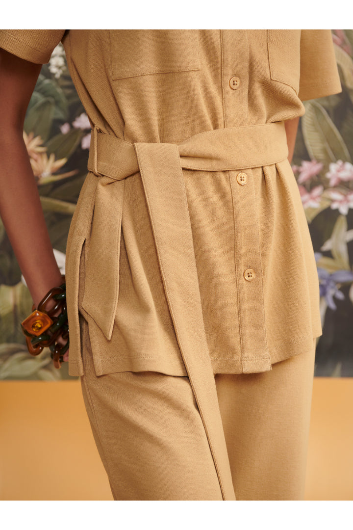 Mini Waffle Brown Safari outfit with belt and textured fabric detail.
