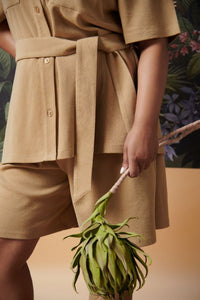 Mini Waffle Brown Bermuda outfit styled with natural green plant.